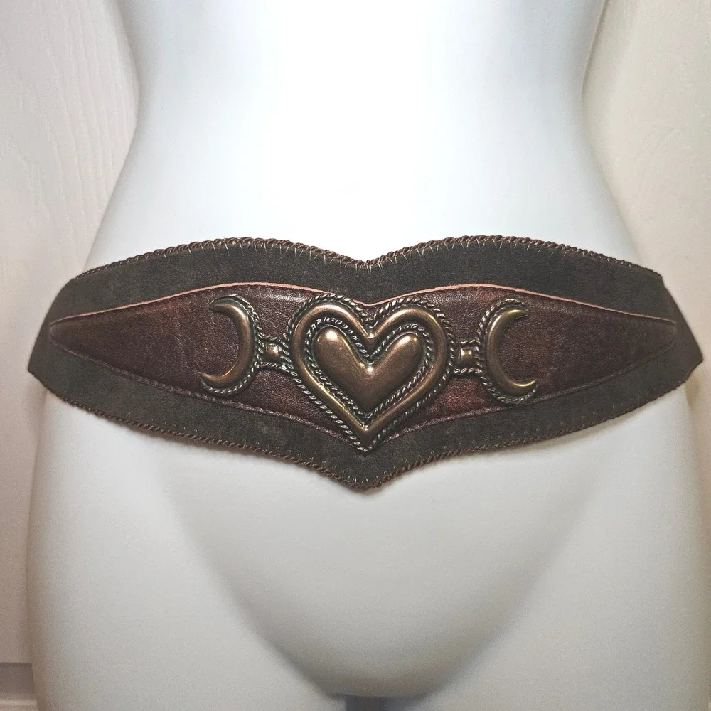 Vintage 90s Suede Corset Belt Brown Leather Heart Crescent Moon Waist Cinch M L